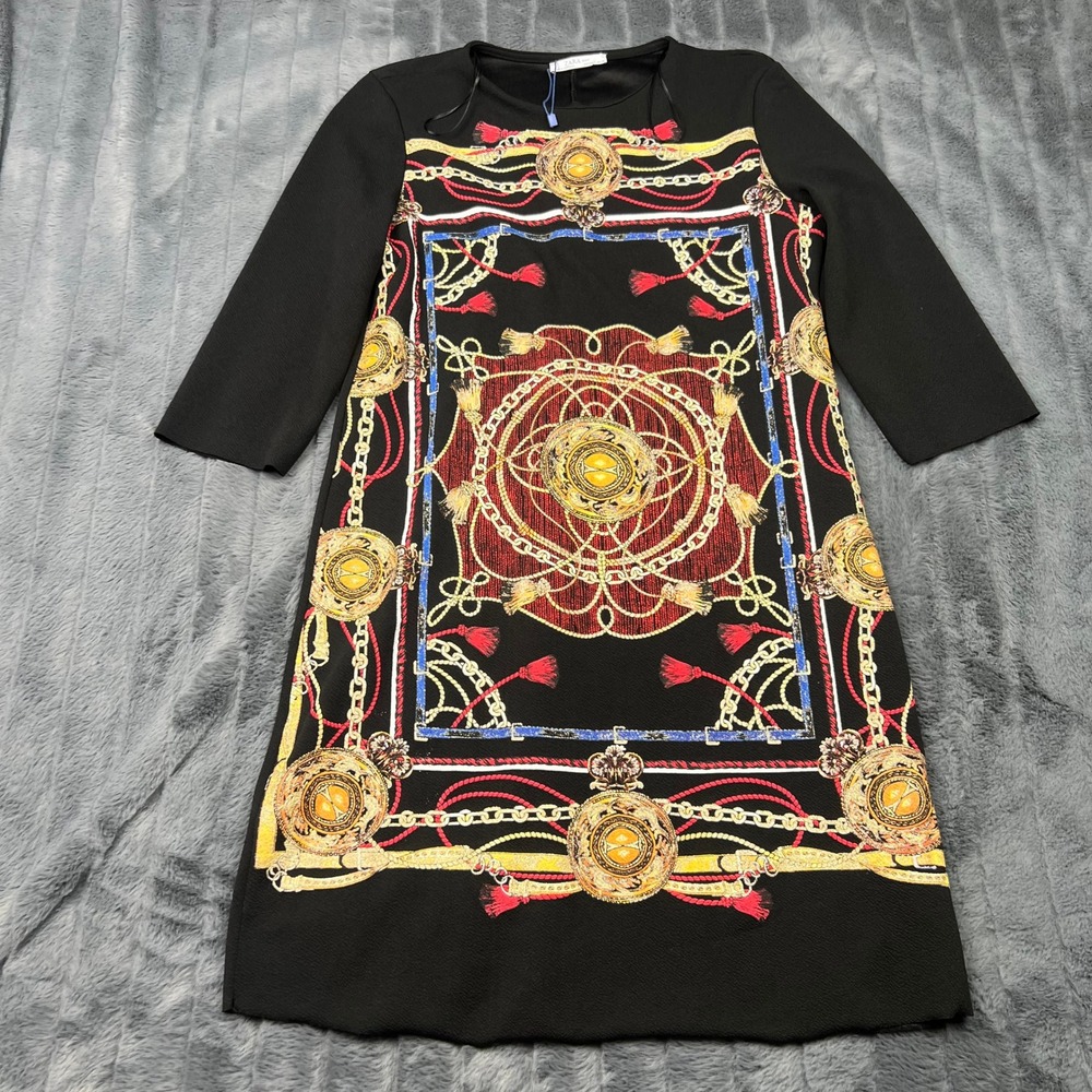 Zara Basic Women Black Scarf Print Long Sleeve Crepe Shift Mini Dress Size S